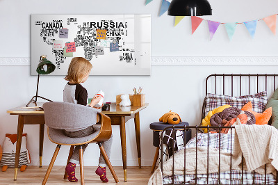 Magnetisch planbord voor de muur van bedrukt glas Continenten gemaakt van letters