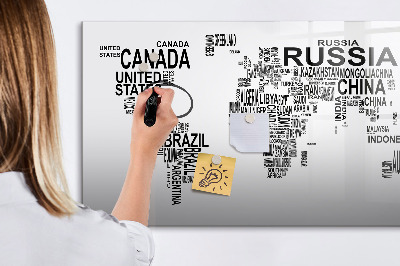 Magnetisch planbord voor de muur van bedrukt glas Continenten gemaakt van letters