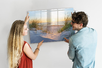 Beschrijfbaar magneetbord van glas met design Zonsondergang op het strand