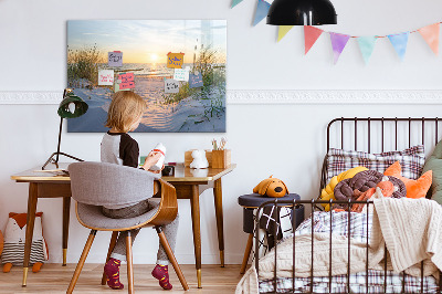 Beschrijfbaar magneetbord van glas met design Zonsondergang op het strand