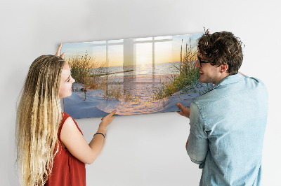 Beschrijfbaar magneetbord van glas met design Zonsondergang op het strand