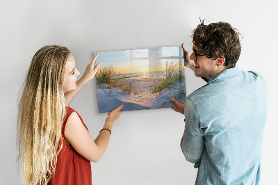 Beschrijfbaar magneetbord van glas met design Zonsondergang op het strand