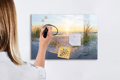 Beschrijfbaar magneetbord van glas met design Zonsondergang op het strand