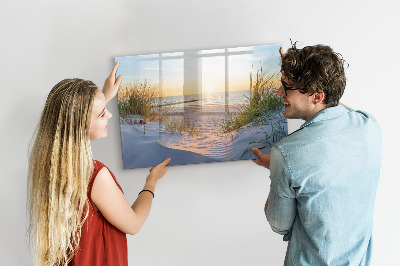 Beschrijfbaar magneetbord van glas met design Zonsondergang op het strand