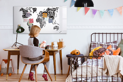 Uitwisbaar glazen planbord met magnetische functie Wereldkaart met ondertitels