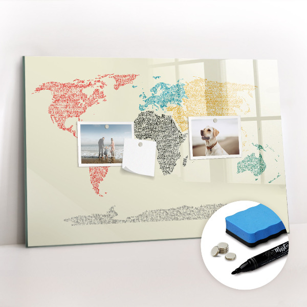 Uitwisbaar glazen planbord met magnetische functie Een wereldkaart gemaakt van letters