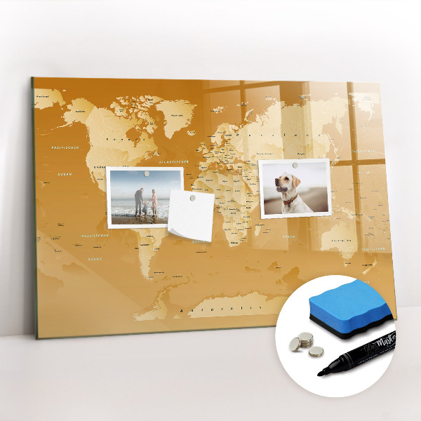 Beschrijfbaar magneetbord van glas met design Wereldkaart