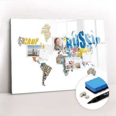 Uitwisbaar glazen planbord met magnetische functie Tekstkaart van de wereld