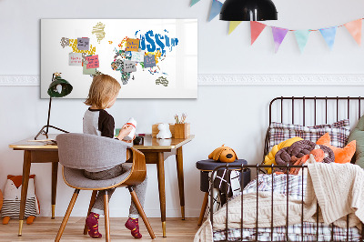 Uitwisbaar glazen planbord met magnetische functie Tekstkaart van de wereld