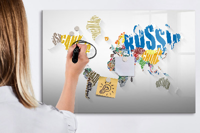 Beschrijfbaar magneetbord van glas met design Tekstkaart van de wereld