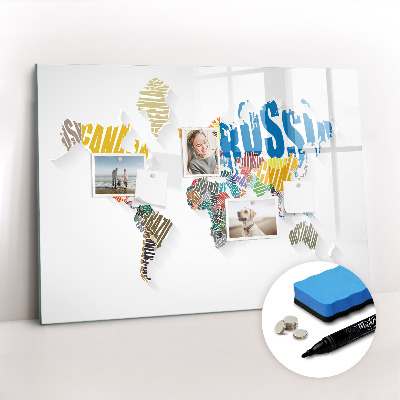 Beschrijfbaar magneetbord van glas met design Tekstkaart van de wereld