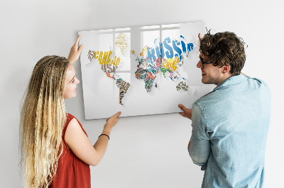 Beschrijfbaar magneetbord van glas met design Tekstkaart van de wereld