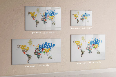 Beschrijfbaar magneetbord van glas met design Tekstkaart van de wereld