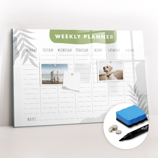 Beschrijfbaar magneetbord van glas met design Weekplan