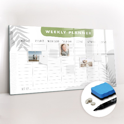 Beschrijfbaar magneetbord van glas met design Weekplan