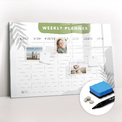 Beschrijfbaar magneetbord van glas met design Weekplan