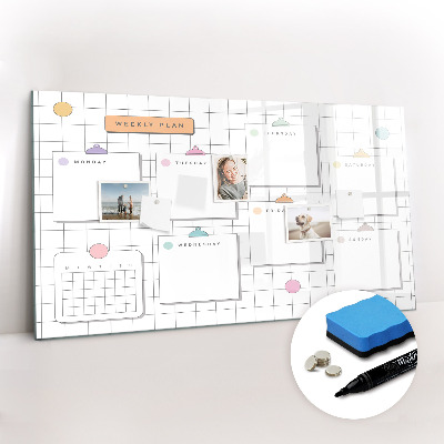 Beschrijfbaar magneetbord van glas met design Weekplan