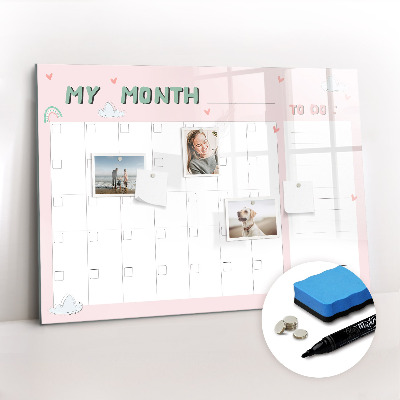 Beschrijfbaar magneetbord van glas met design Maandplanner voor kinderen