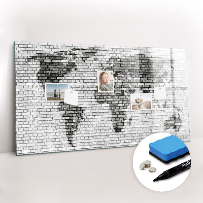 Uitwisbaar glazen planbord met magnetische functie Wereldkaart met bakstenen muur