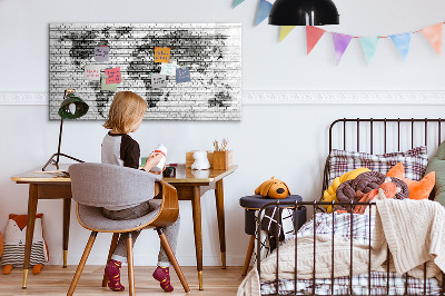 Uitwisbaar glazen planbord met magnetische functie Wereldkaart met bakstenen muur