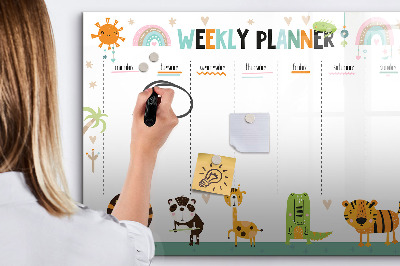 Beschrijfbaar magneetbord van glas met design Dieren Weekplanner