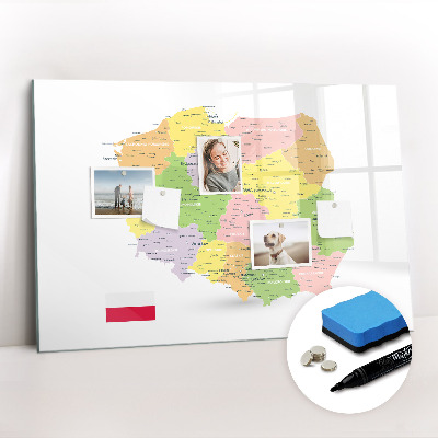 Magnetisch planbord voor de muur van bedrukt glas Kaart van Polen