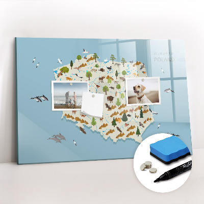 Magnetisch planbord voor de muur van bedrukt glas Poolse dierenkaart