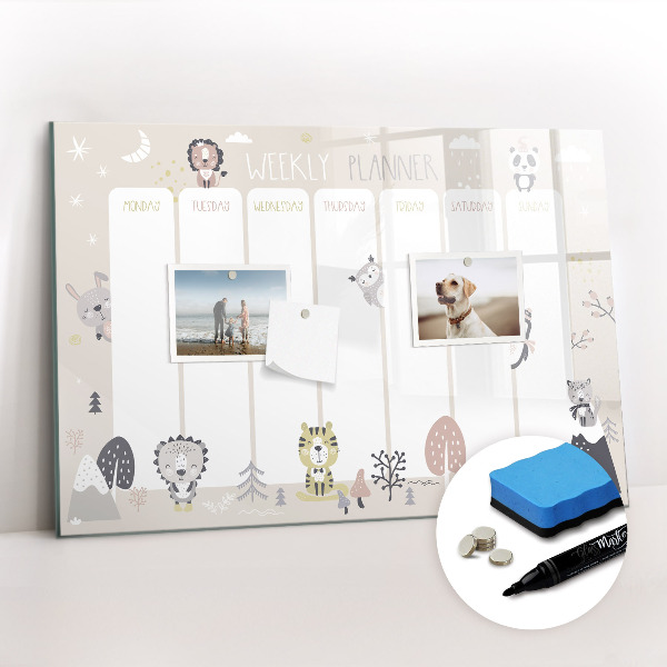 Beschrijfbaar magneetbord van glas met design Weekplan