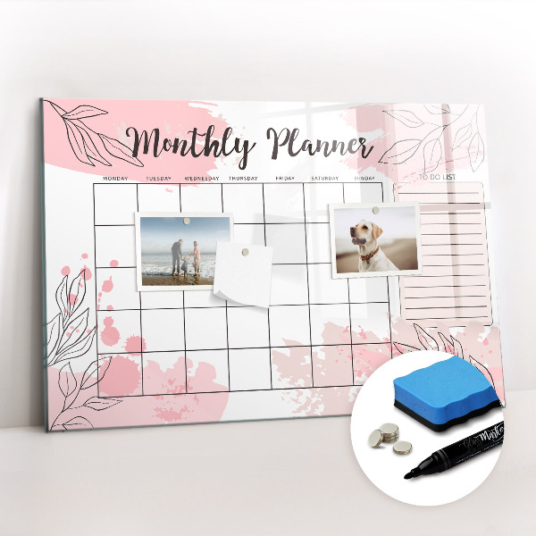 Uitwisbaar glazen planbord met magnetische functie Roze maandplanner