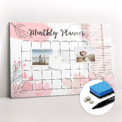 Uitwisbaar glazen planbord met magnetische functie Roze maandplanner