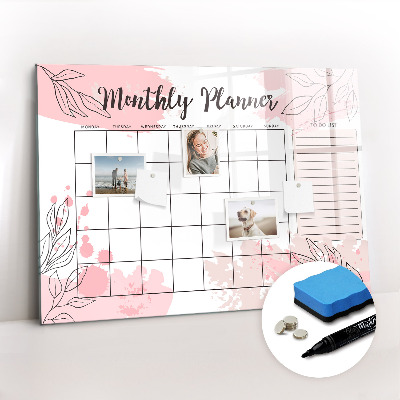 Uitwisbaar glazen planbord met magnetische functie Roze maandplanner
