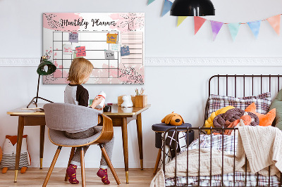 Uitwisbaar glazen planbord met magnetische functie Roze maandplanner