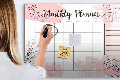 Uitwisbaar glazen planbord met magnetische functie Roze maandplanner