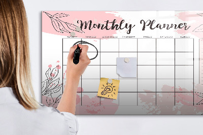 Uitwisbaar glazen planbord met magnetische functie Roze maandplanner