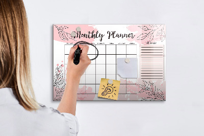 Uitwisbaar glazen planbord met magnetische functie Roze maandplanner