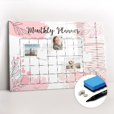 Uitwisbaar glazen planbord met magnetische functie Roze maandplanner