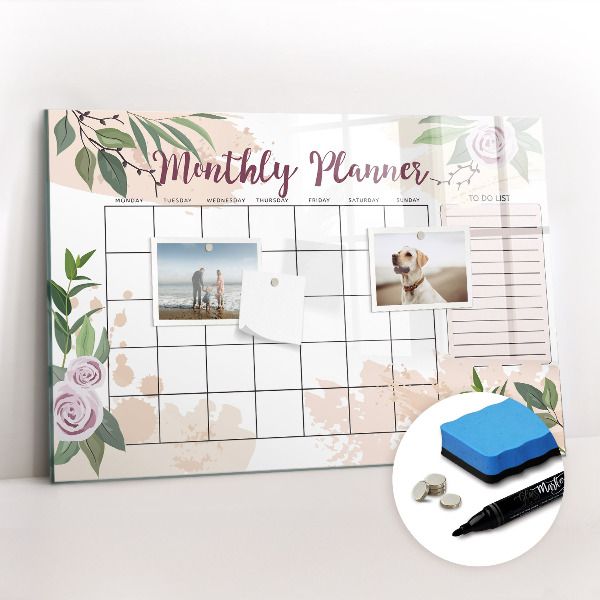 Beschrijfbaar magneetbord van glas met design Rozenplanner
