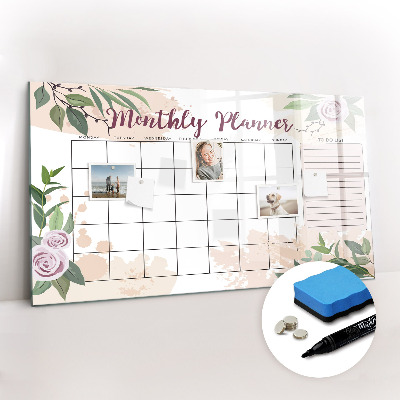 Beschrijfbaar magneetbord van glas met design Rozenplanner