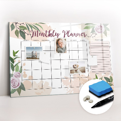Beschrijfbaar magneetbord van glas met design Rozenplanner
