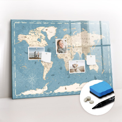 Magnetisch planbord voor de muur van bedrukt glas Vintage wereldkaart