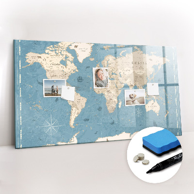 Magnetisch planbord voor de muur van bedrukt glas Vintage wereldkaart