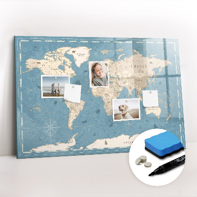 Magnetisch planbord voor de muur van bedrukt glas Vintage wereldkaart