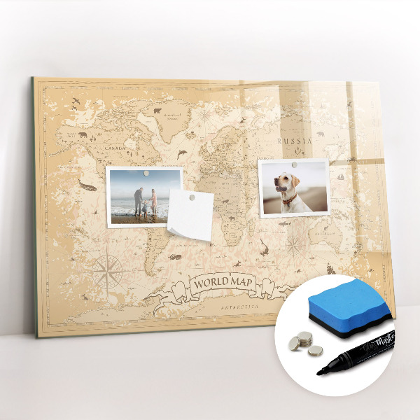 Uitwisbaar glazen planbord met magnetische functie Vintage wereldkaart