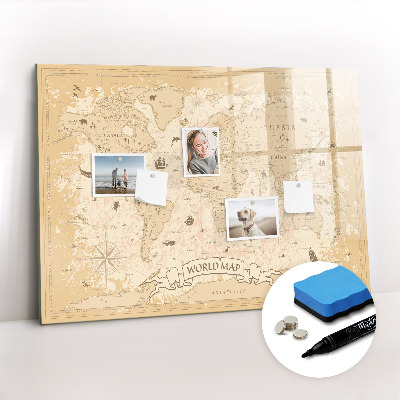 Uitwisbaar glazen planbord met magnetische functie Vintage wereldkaart