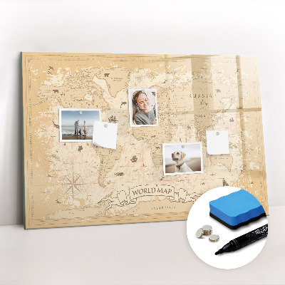 Uitwisbaar glazen planbord met magnetische functie Vintage wereldkaart