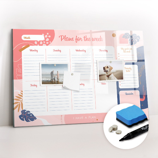 Magnetisch planbord voor de muur van bedrukt glas Wekelijkse planner