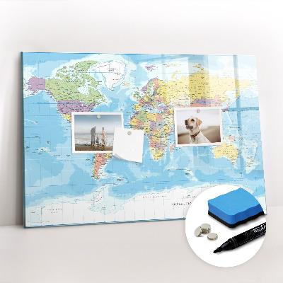 Uitwisbaar glazen planbord met magnetische functie Politieke kaart van de wereld