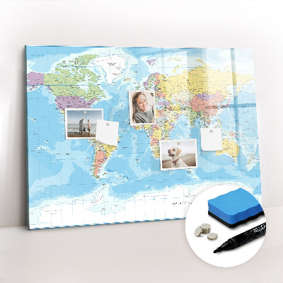Uitwisbaar glazen planbord met magnetische functie Politieke kaart van de wereld