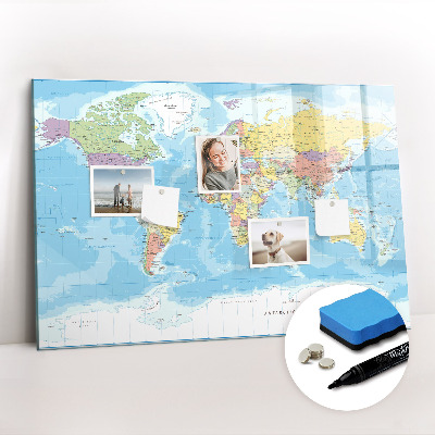 Uitwisbaar glazen planbord met magnetische functie Politieke kaart van de wereld