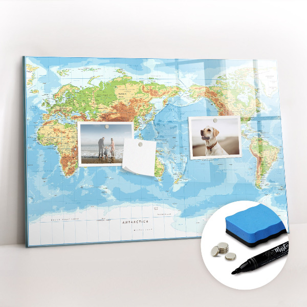 Beschrijfbaar magneetbord van glas met design Fysieke kaart van de wereld